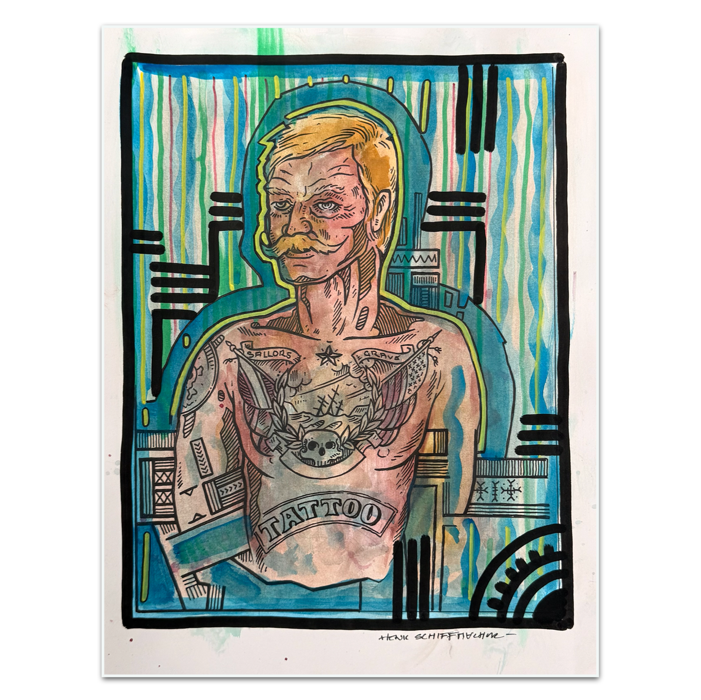 Schiffmacher's Original 'Tattooed Man Blonde Moustache' - Artwork - Straight from the Basement Collection